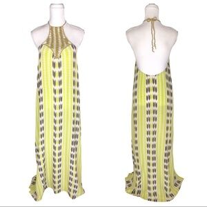 Acacia silk open back maxi beach swim coverup halter green gray Positano XS